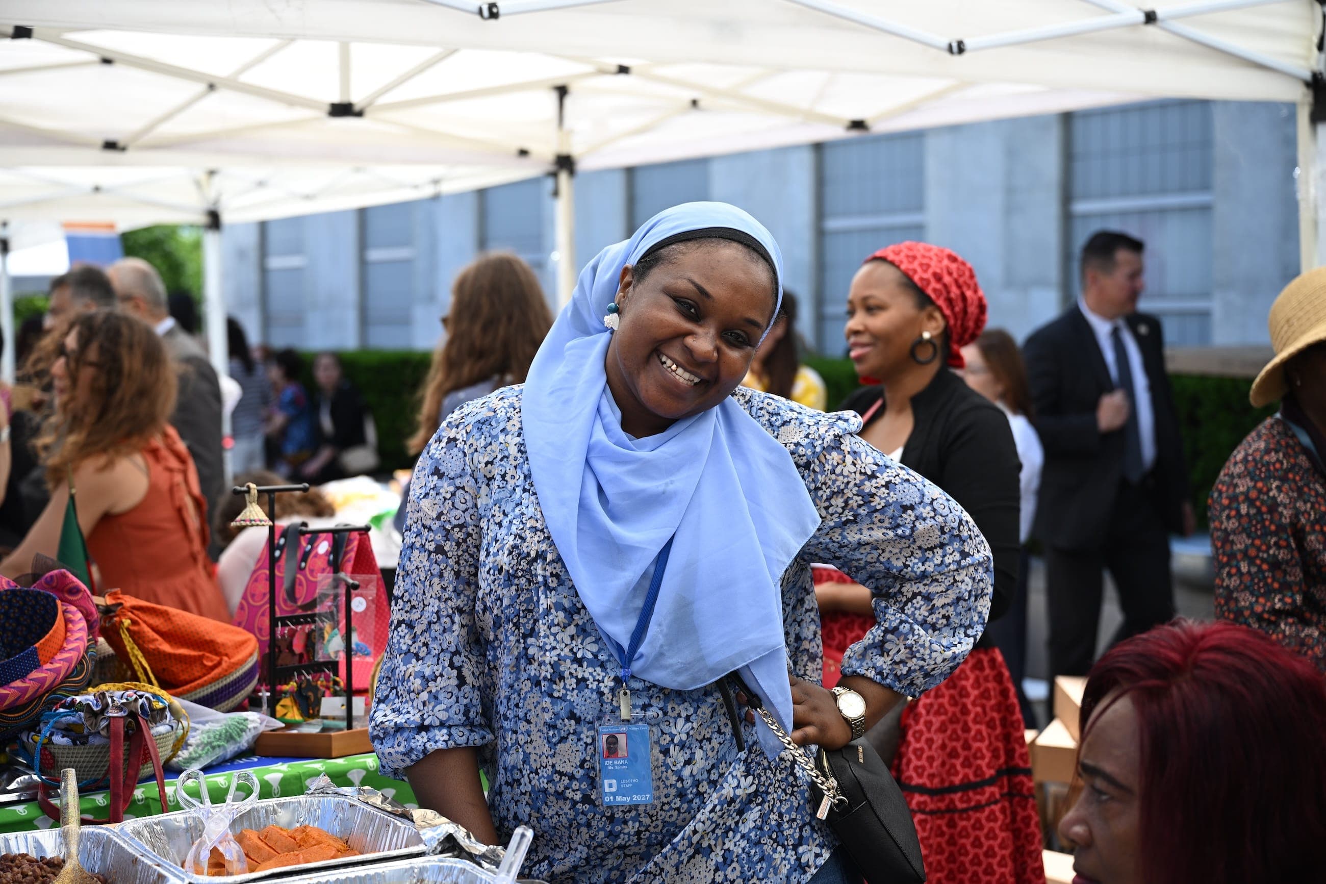 A woman speaks during a round-table meeting in the United Nations Goals Lounge.