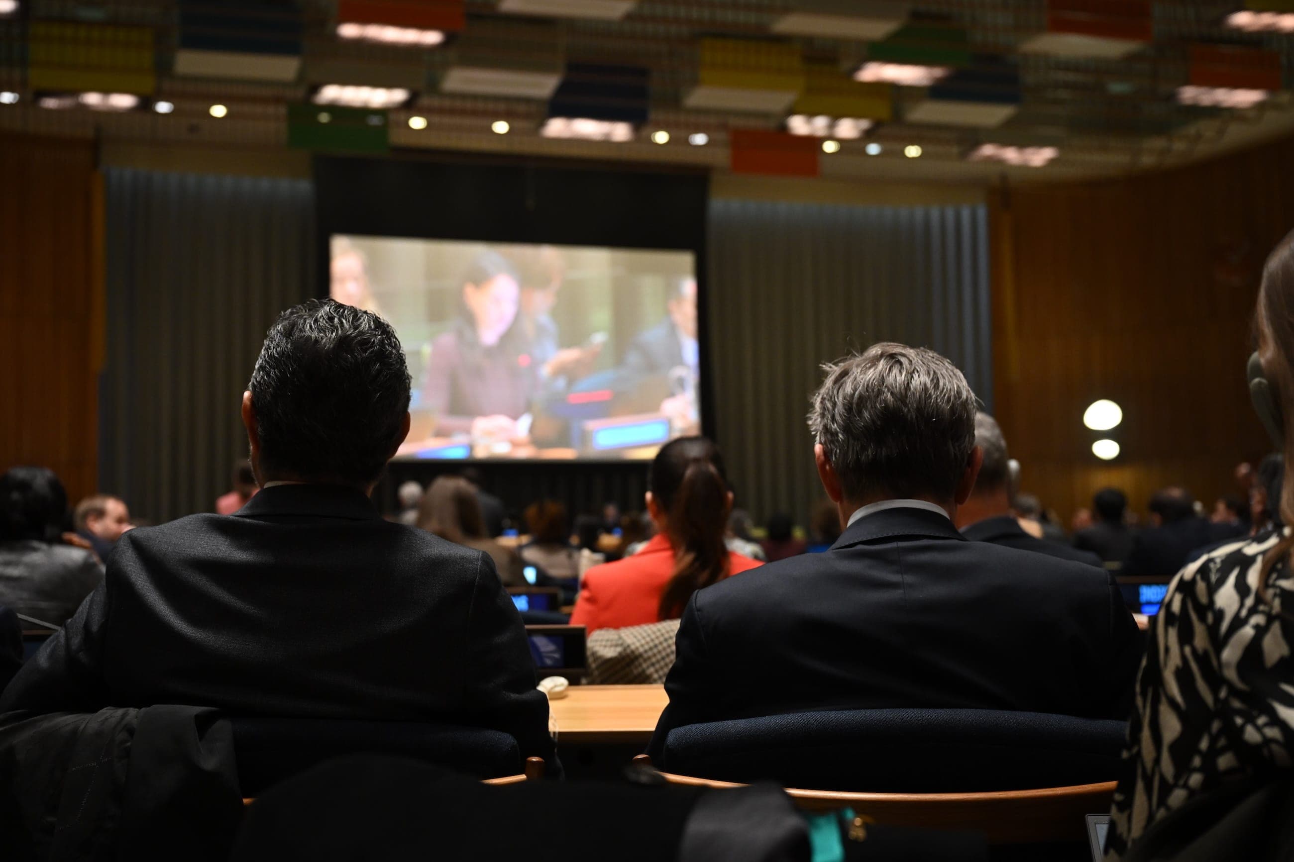 The United Nations General Assembly Hall viewed from the delegates’ seating.