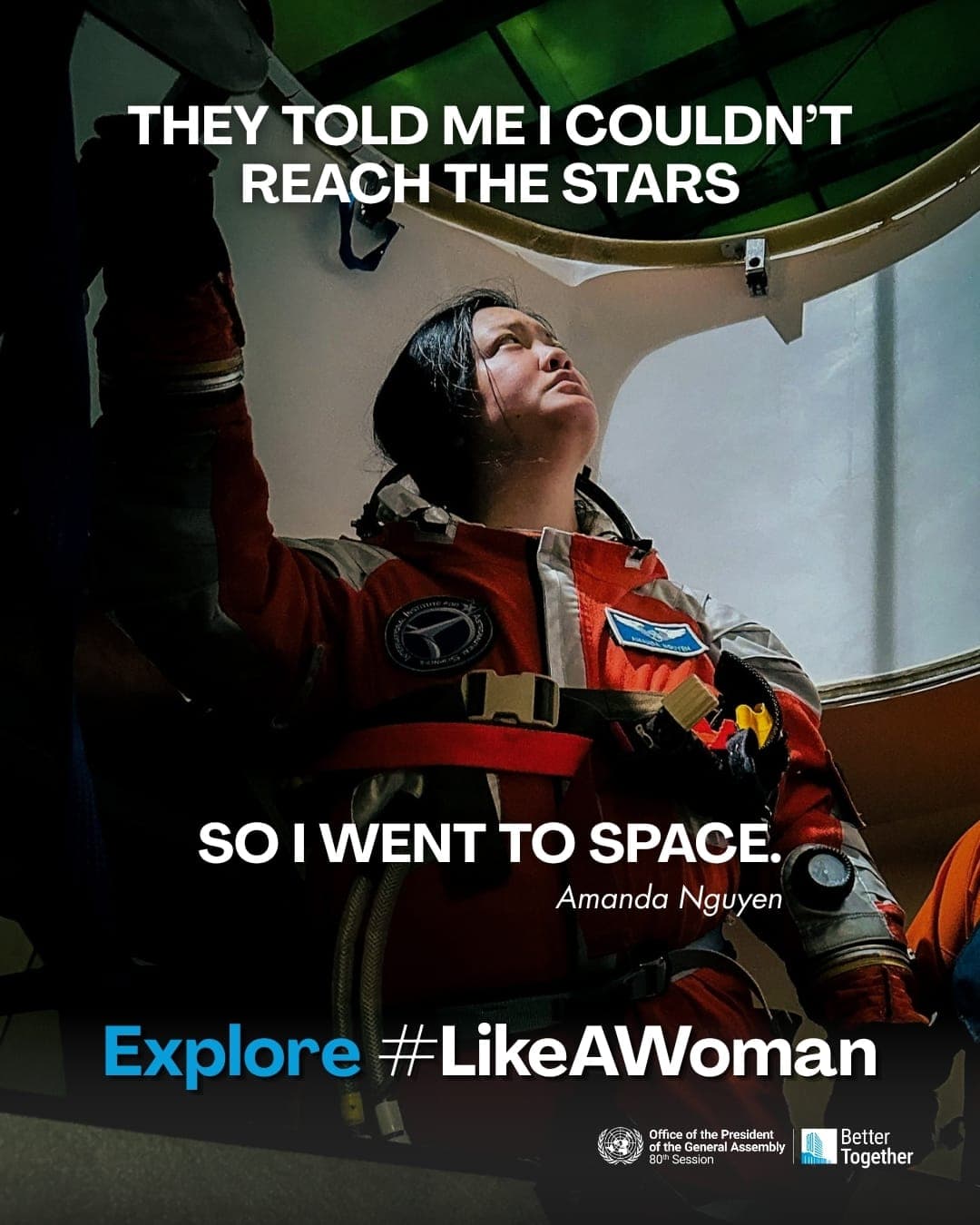 Amanda Nguyen wears an astronaut suit in a #LikeAWoman campaign portrait about reaching the stars and going to space.
