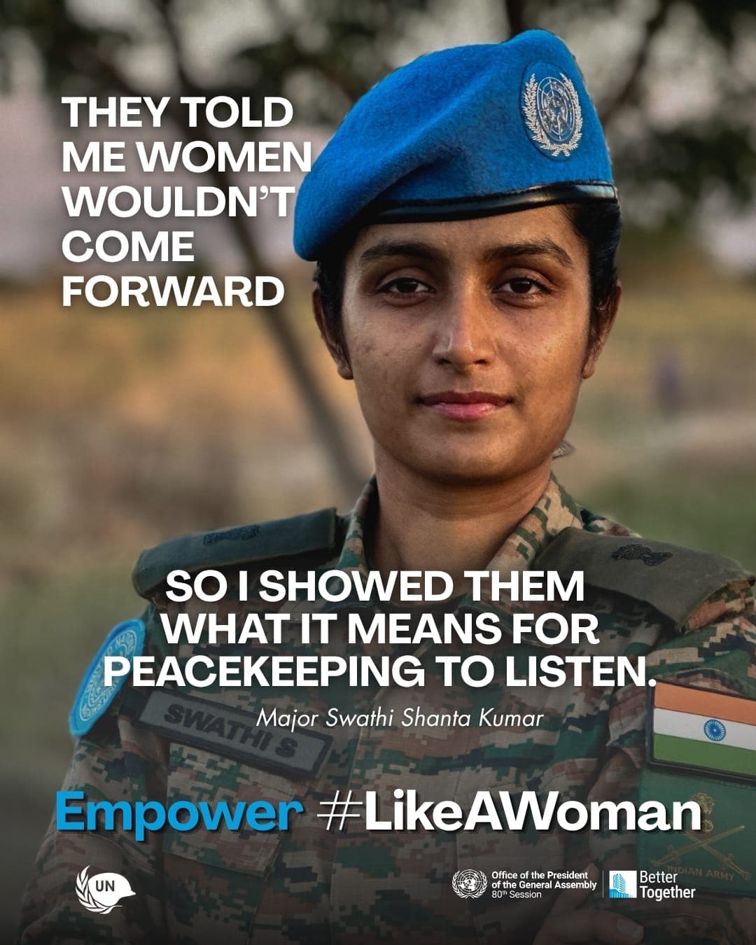 Major Swathi Shanta Kumar wears a United Nations peacekeeping beret in a #LikeAWoman campaign portrait about women coming forward and leading in peacekeeping.
