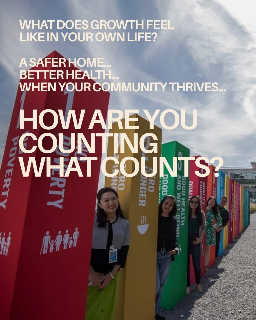 Opening slide asking “How are you counting what counts?” over a photograph of people standing among colourful Sustainable Development Goal panels.
