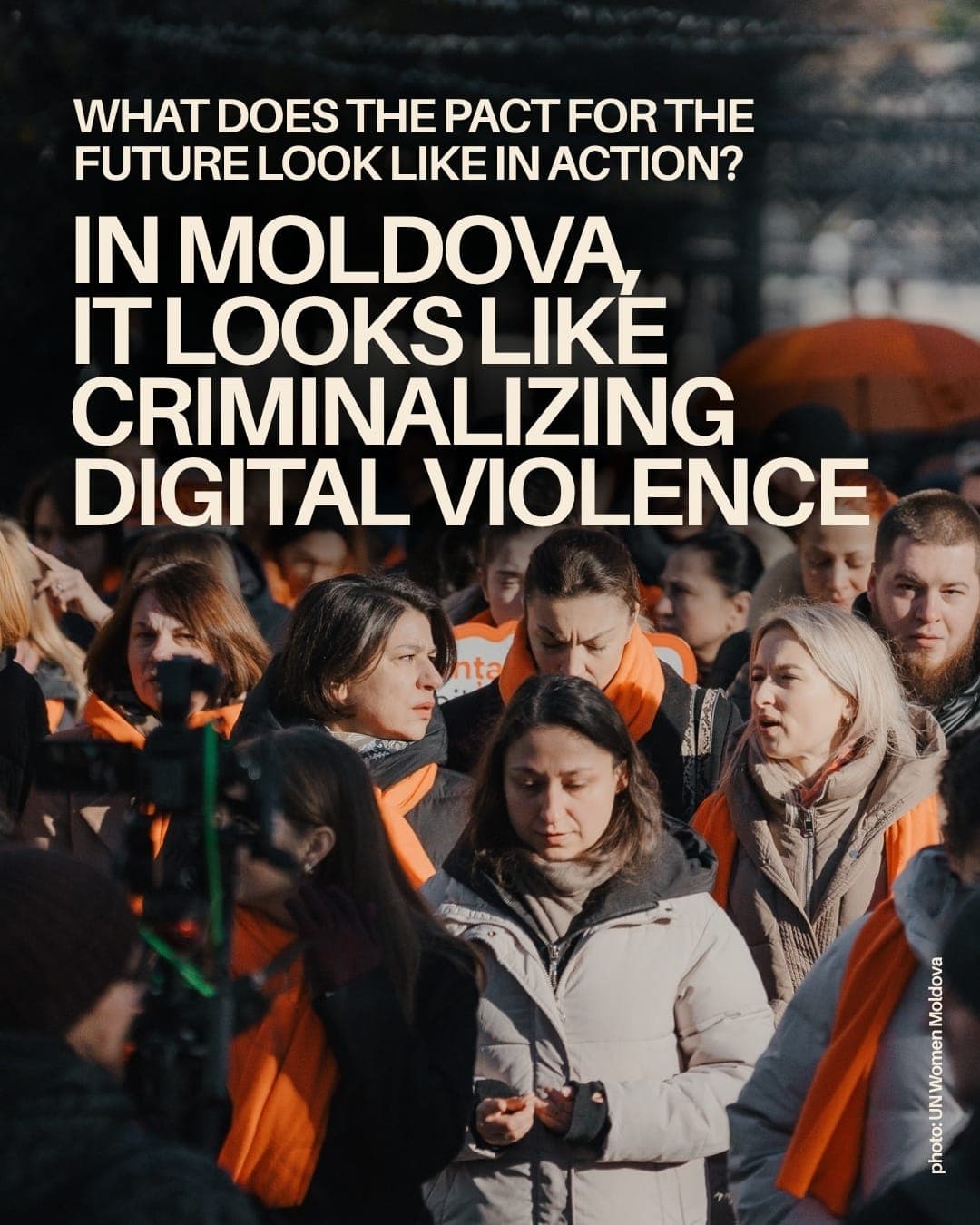 Opening slide introducing Moldova’s criminalisation of digital violence as an example of the Pact for the Future in action, above a crowd wearing orange scarves.