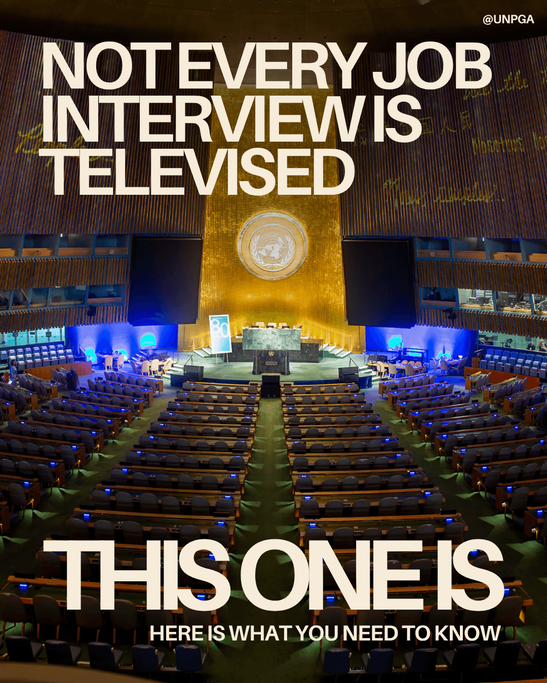 Opening slide introducing the televised town hall for Secretary-General candidates over a photograph of the General Assembly Hall.