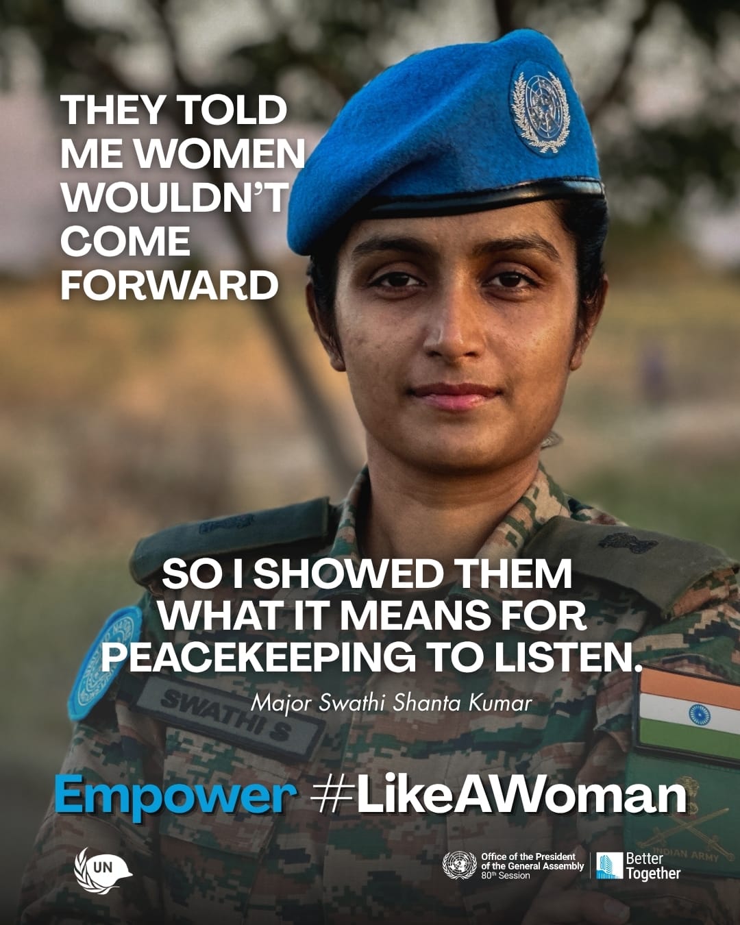 Major Swathi Shanta Kumar wears a United Nations peacekeeping beret in a #LikeAWoman campaign portrait about women coming forward and leading in peacekeeping.